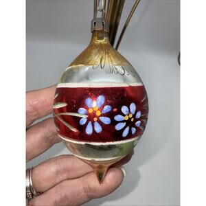VTG Blown Glass Tear Drop Christmas Ornament POLAND Hand Painted Floral